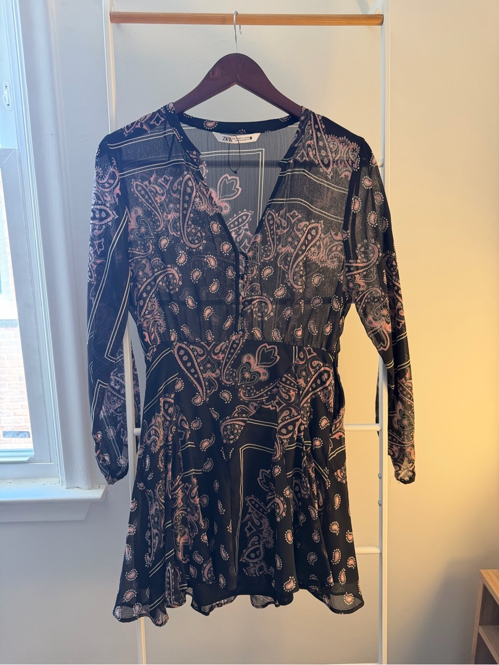 Zara Black and Pink Paisley Long Sleeve Mini Dress